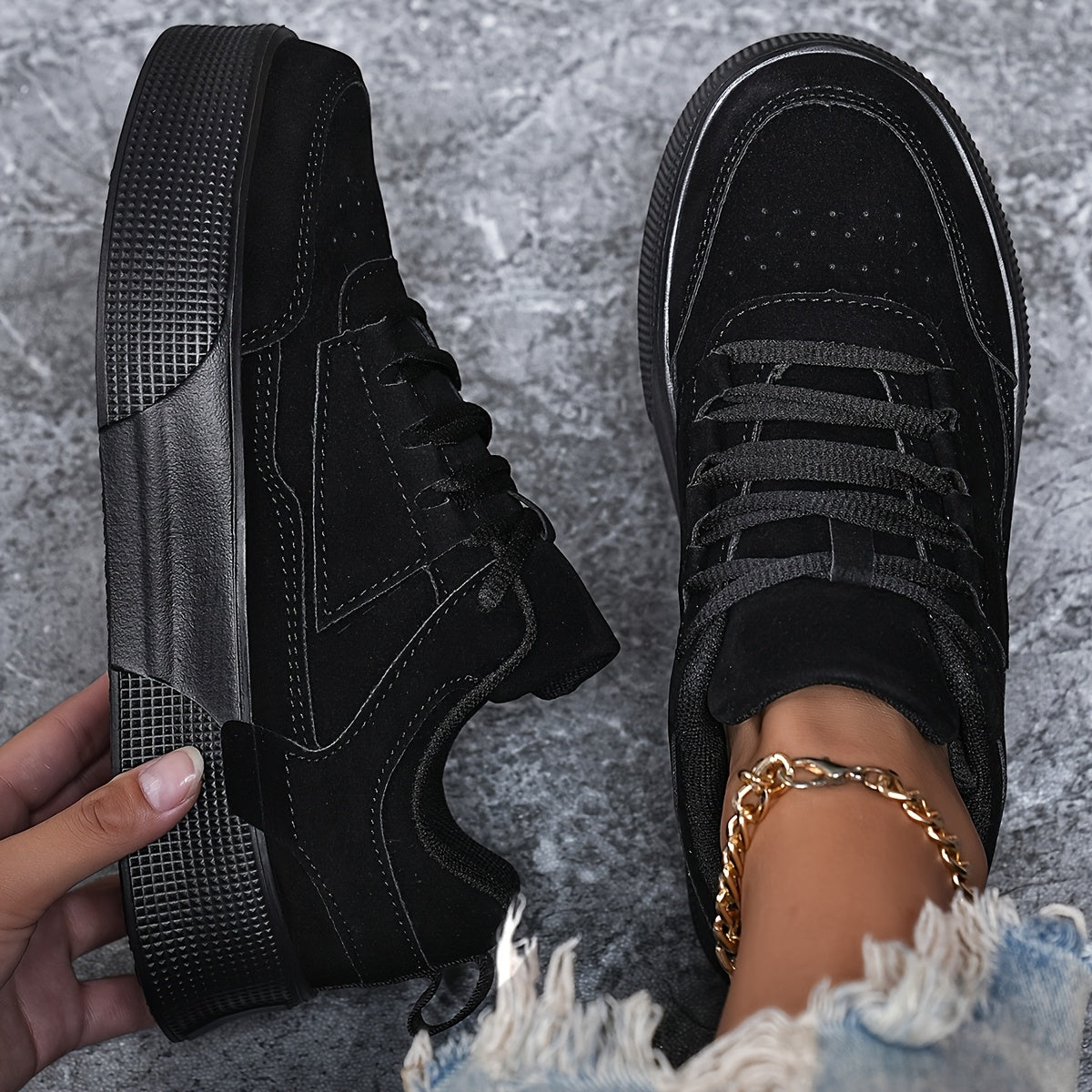 Classic lace-up low top skateboard sneakers for women, with solid color block design and height increase feature. Made with PU upper, fabric inner, and EVA sole for comfort in all seasons.