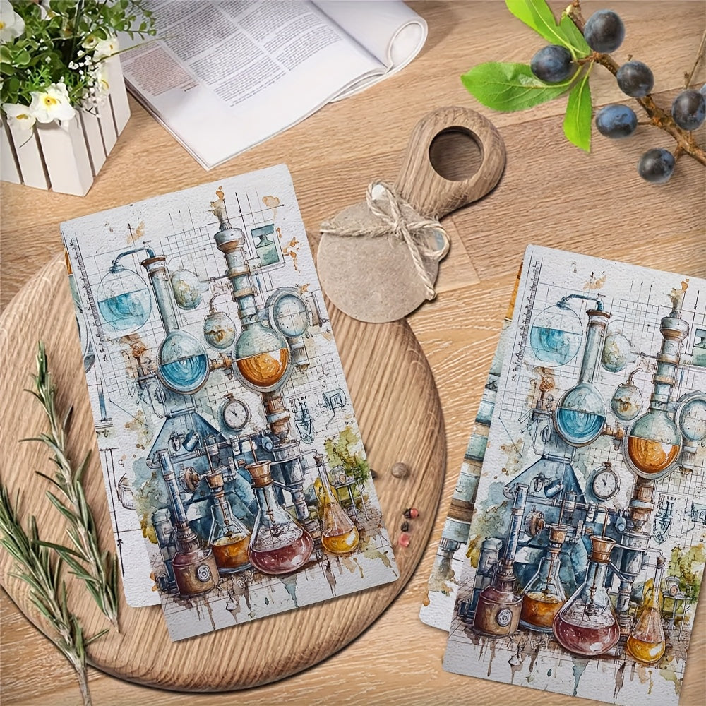 A pair of ultra-soft kitchen towels with a chemistry map design, excellent absorption, and ideal for holiday decor. These towels are machine washable and measure 40.64X60.96 cm.