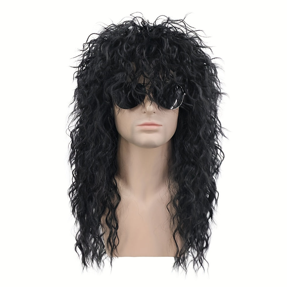 Long curly hair rock and roll wig, paired with a punk costume featuring a hint of golden wig - the ideal 80s Halloween look.