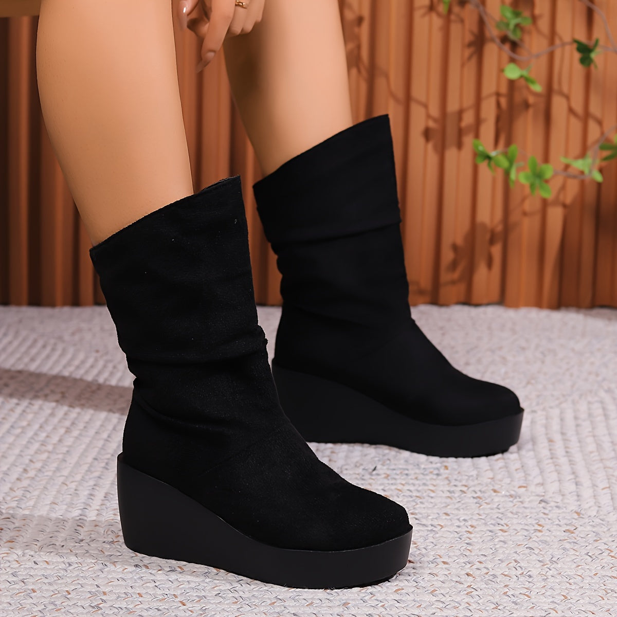 Women's Solid Color Fuzzy Boots with Slip On Platform Sole, Warm Lined Winter Round Toe Wedge Boots.