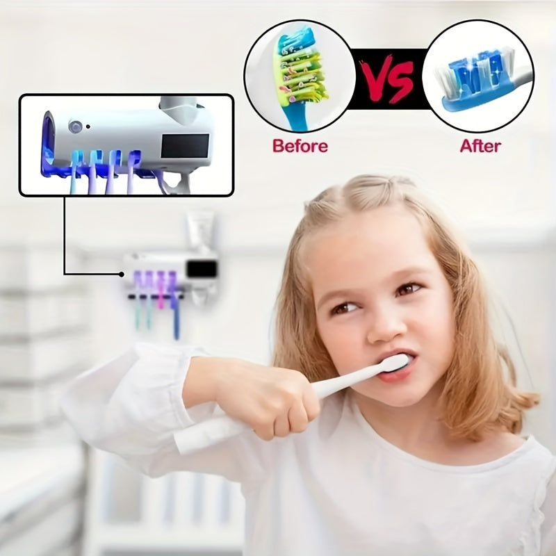 UV Toothbrush Holder with Automatic Toothpaste Dispenser - Wireless, USB Rechargeable, Wall-Mounted, No-Drill Installation.