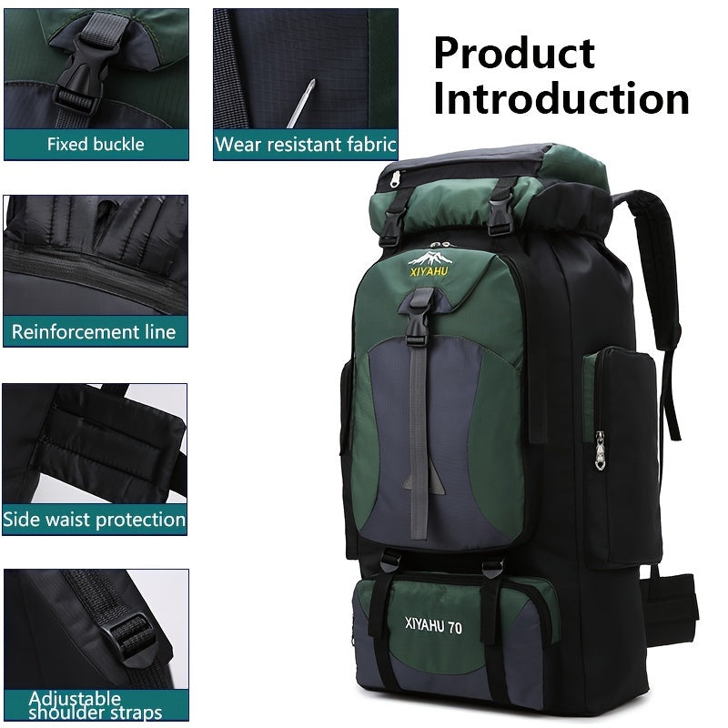 Durable nylon travel backpack for camping and hiking purposes.