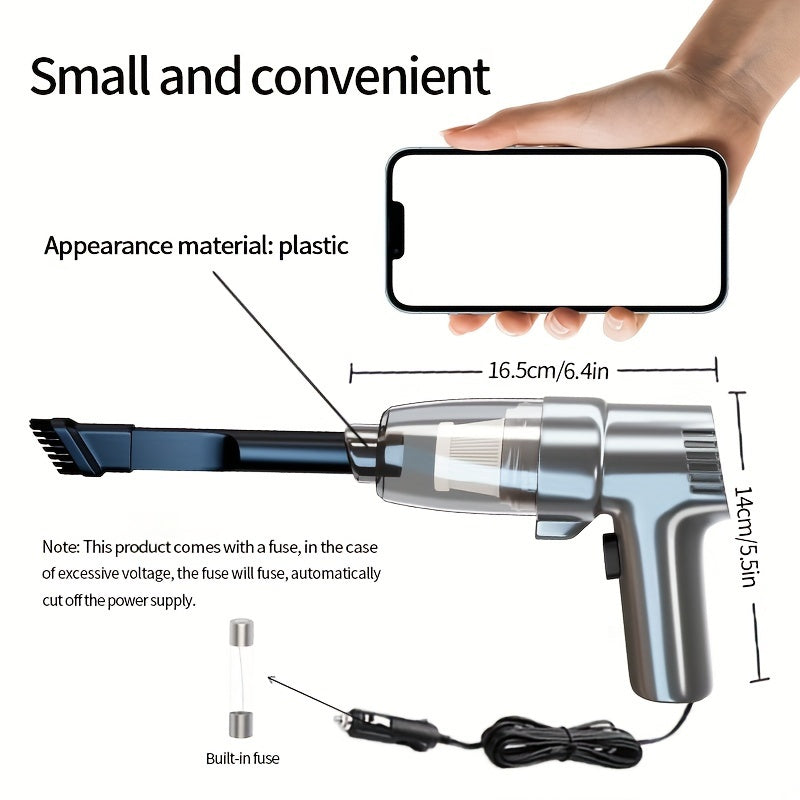 Battery-free portable handheld car vacuum with high suction power for both wet and dry cleaning in small sedans.