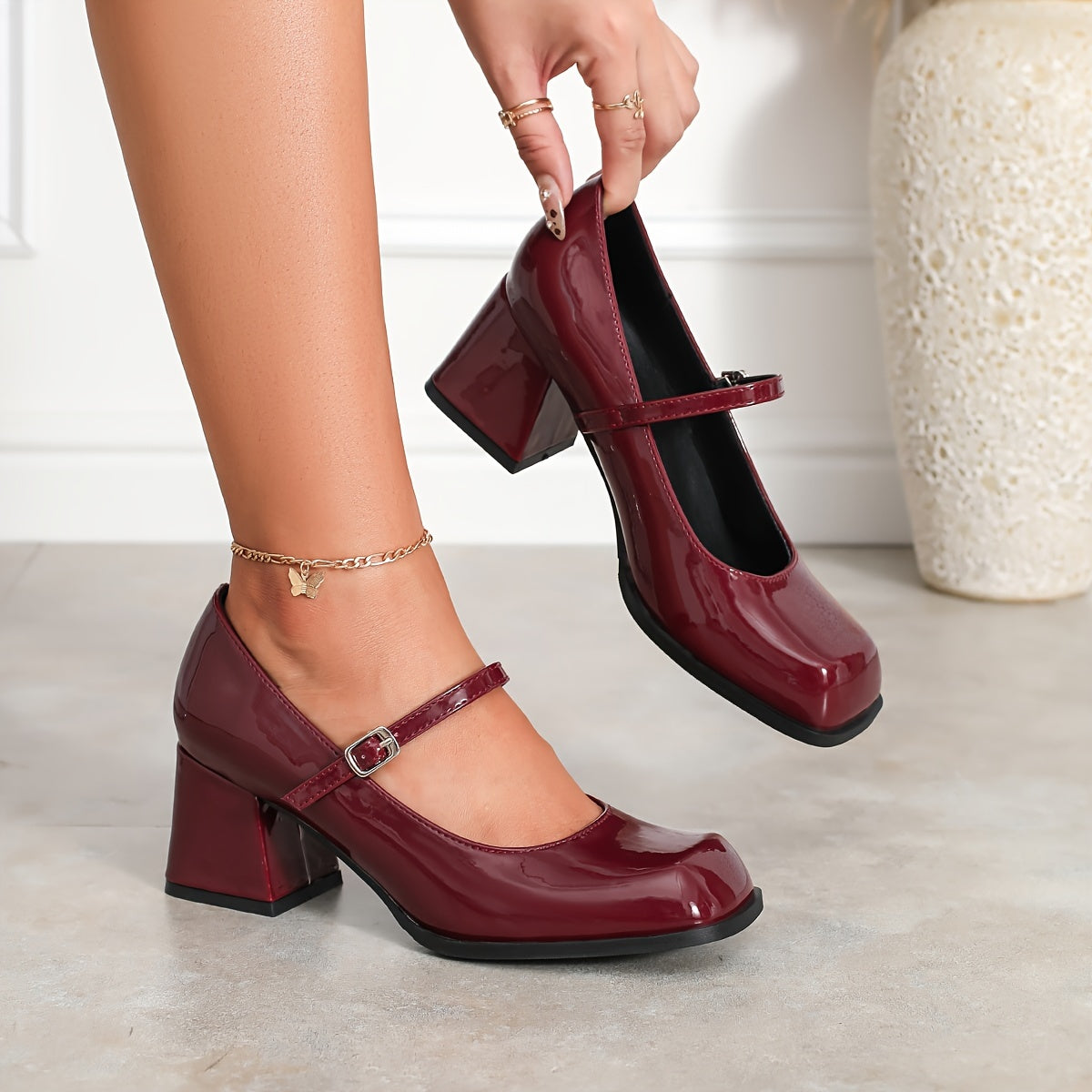 Women's Mary Jane shoes with square toe block heel, elegant and versatile style for all seasons. Made with man-made materials.