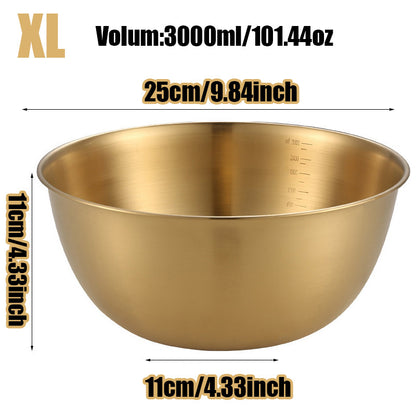 Set of 3 durable stainless steel salad bowls with measurement marks, oven-safe