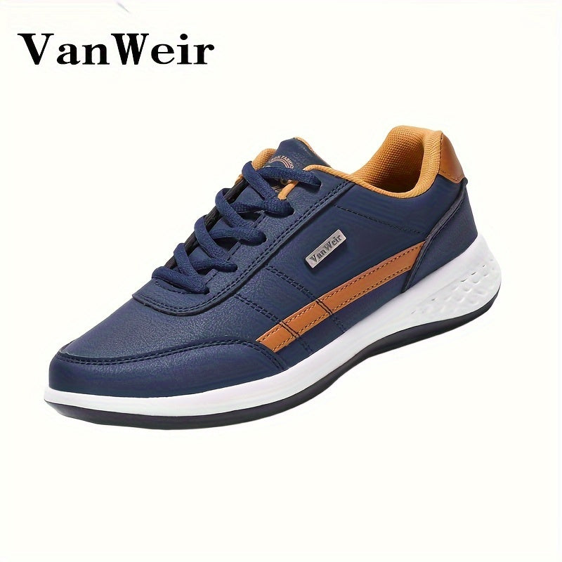 VanWeir men's casual sneakers feature PU upper, MD sole, fabric insole, and navy blue design with white and orange accents, perfect for all seasons.