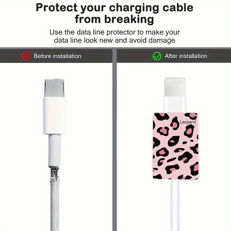 4-piece leopard print set for Apple IOS mobile phone charging cables, includes fixing clip, protective cover, anti-break wire, cute fruit and flower designs.