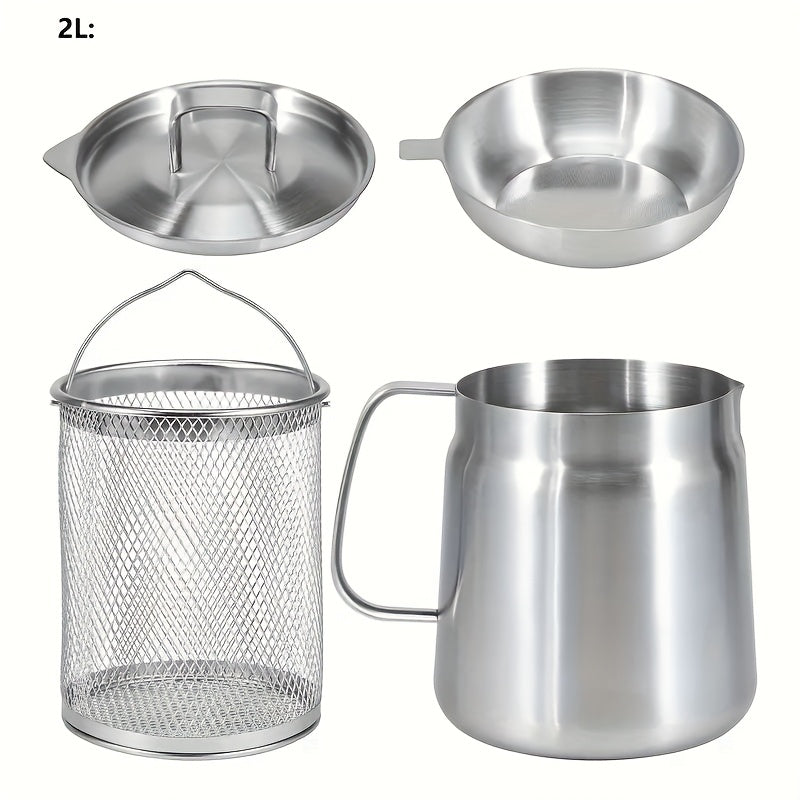 Stainless Steel Oil Filter Pot with Mesh Strainer - High Capacity, Drip-Free, Convenient Pouring for Cooking & Camping