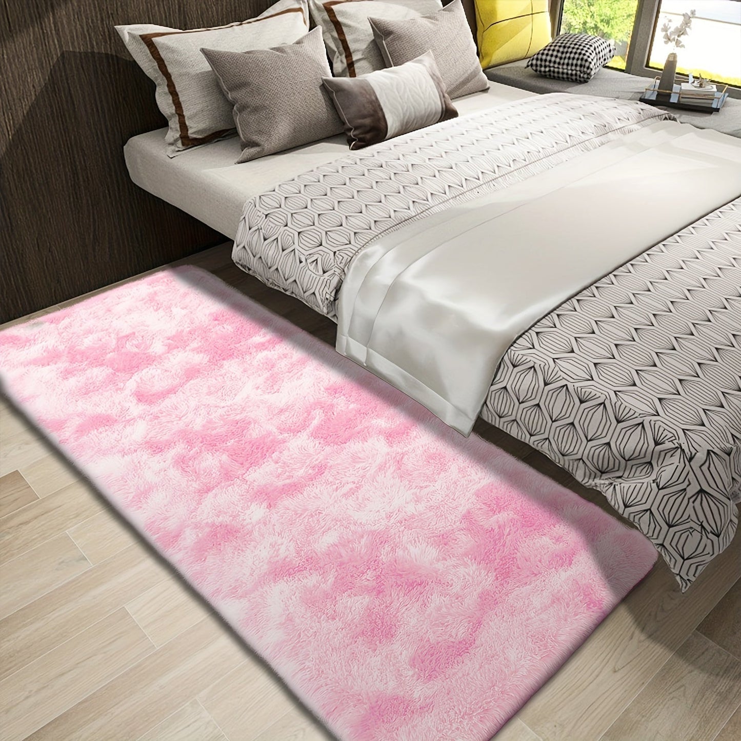 Soft shaggy area mat with a tie-dye design, made with 260g polyester and a 0.6cm thick sponge base. Features a 21 density for added comfort. Machine washable and suitable for indoor use in living rooms, bedrooms, game rooms, and dorms. This Nordic style