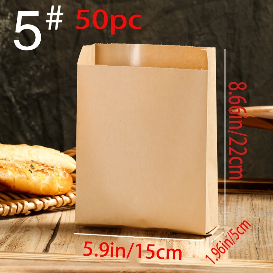 50-count of disposable brown kraft paper bags with fold-top design, perfect for packaging food and vegetables, candy, lunch items, bakery goods such as cookies and bread, and fruits at grocery stores or fruit markets.