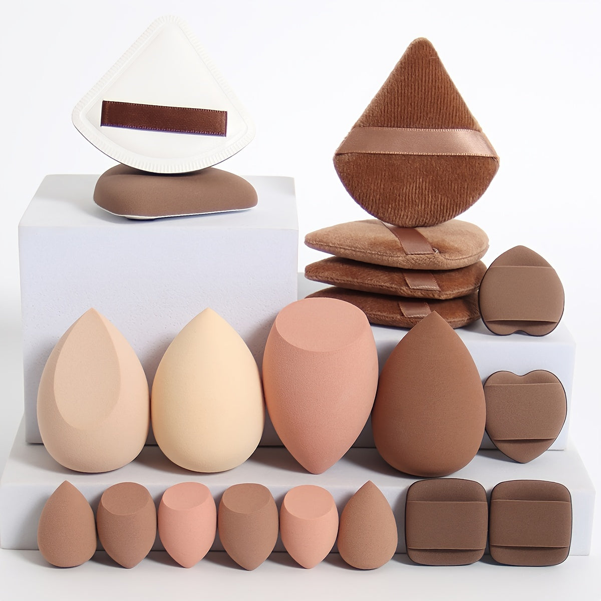 A 20-piece candy set includes various beauty sponges for blending makeup and covering imperfections. Latex-free and suitable for all skin types.