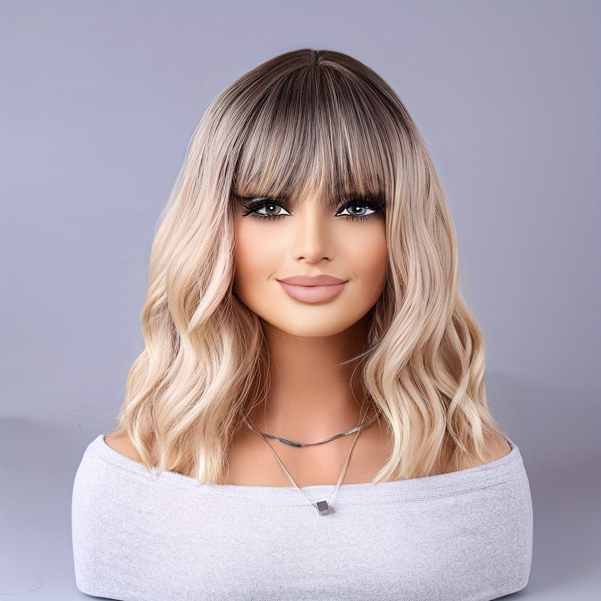 European style, long curly ombre wig with center part and rose net cap. Heat resistant for all ethnicities, full headpiece without lace. Includes hair extensions and accessories.