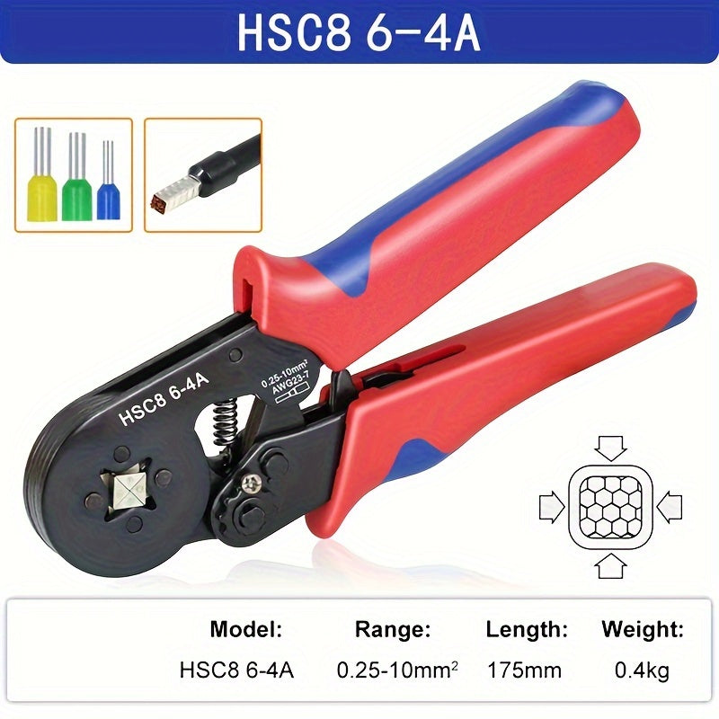 Electrician's Crimping Tool Set for Tubular Terminals, 0.25-10mm Range, Ideal for 23-7AWG Wires.