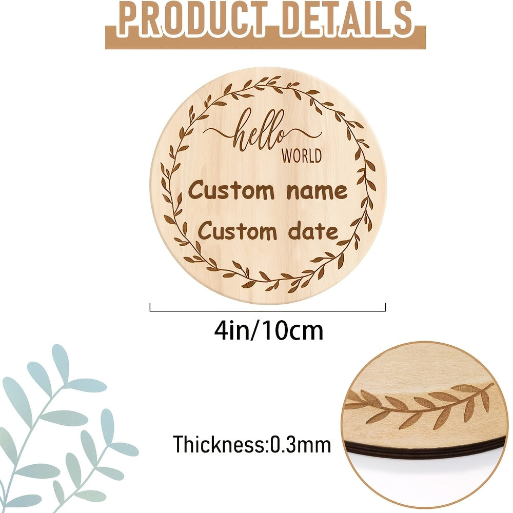 Customized Wooden "Hello World" Announcement Sign with the option for a Handprint or Footprint, a Round Birth Announcement Plaque for Photo Prop, and a Personalized Milestone Keepsake.