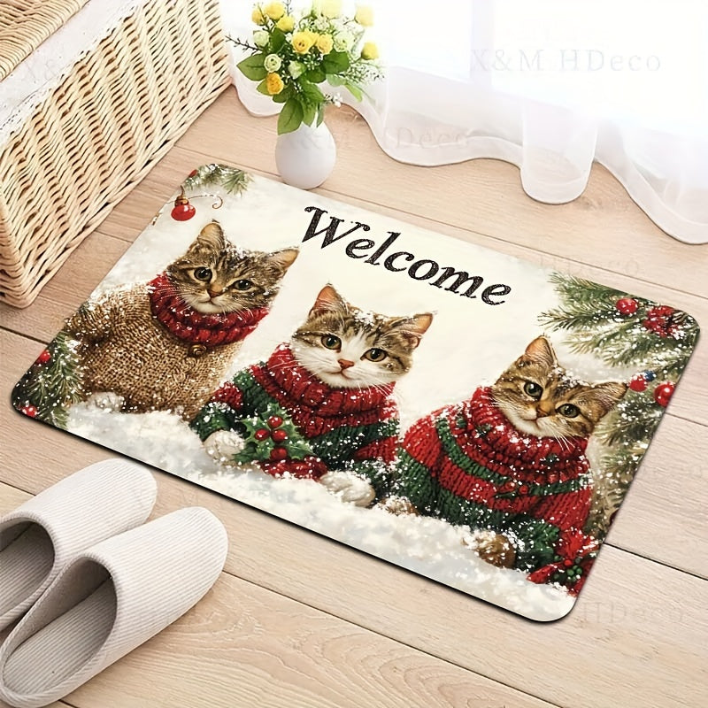 Welcome your guests with the festive 3 Cats Christmas Welcome Mat! This rectangular rug is 8mm thick and made of machine washable polyester with a PVC backing. Its durable construction allows it to be used indoors in doorways, kitchens, bathrooms, living