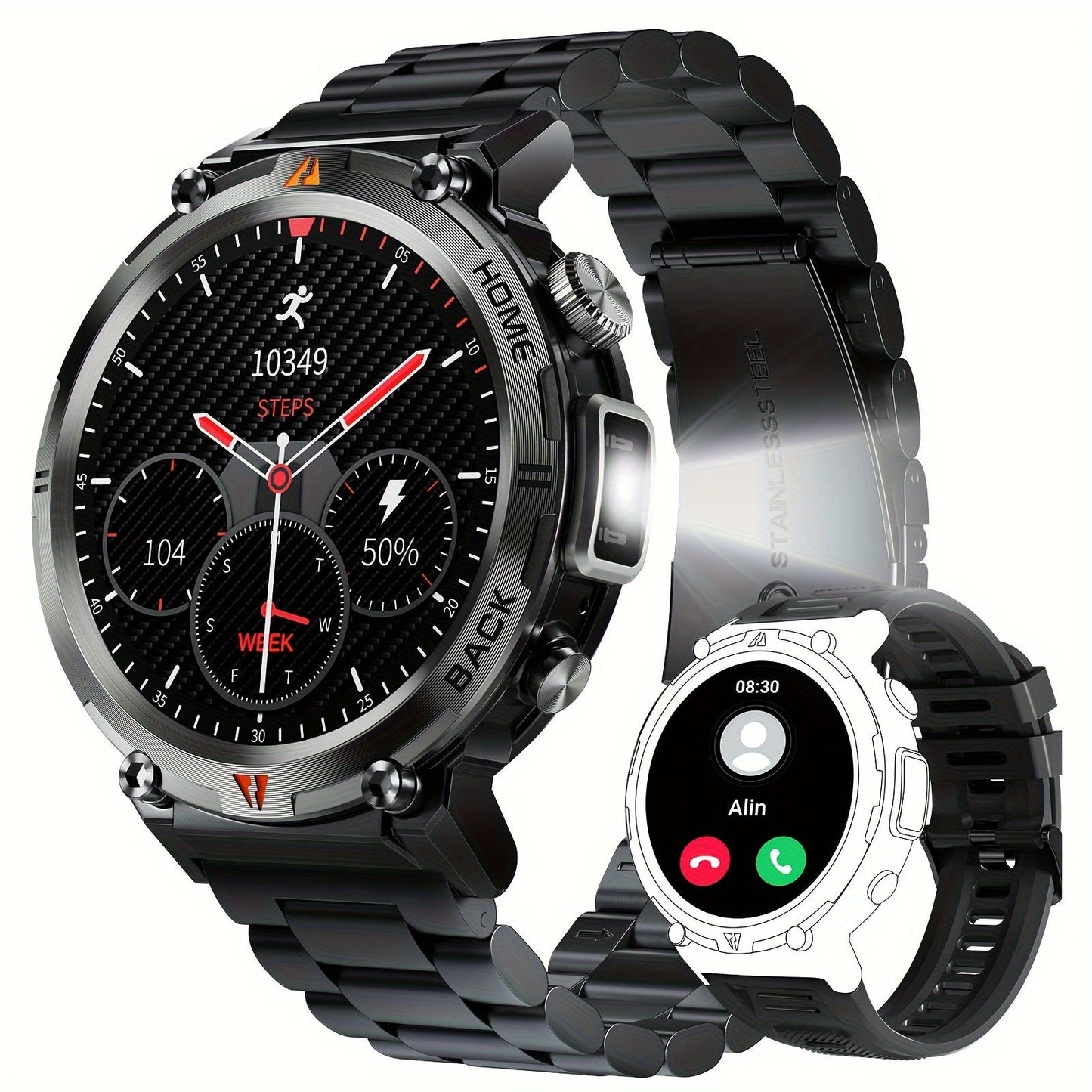 EIGIIS KE3 Men's Smartwatch offers a high-definition touch display, built-in LED flashlight, and the ability to receive calls and texts. It also includes a fitness tracker with a pedometer feature, designed for use with both iPhone and Android devices.