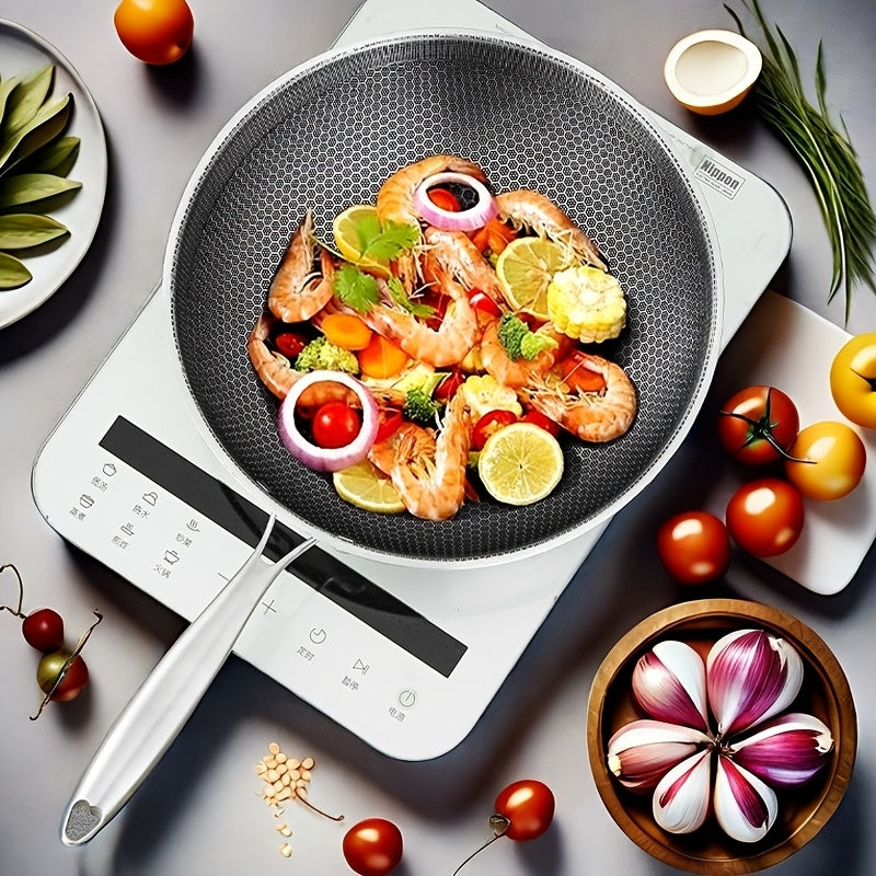 Durable Stainless Steel Wok with Non-Stick Coating, Spacious Cooking Area, Heat-Resistant, Easy to Clean, Ideal for All Your Kitchen Frying Needs.