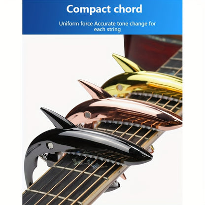 Stylish zinc alloy capo for acoustic and electric guitars, changes pitch.