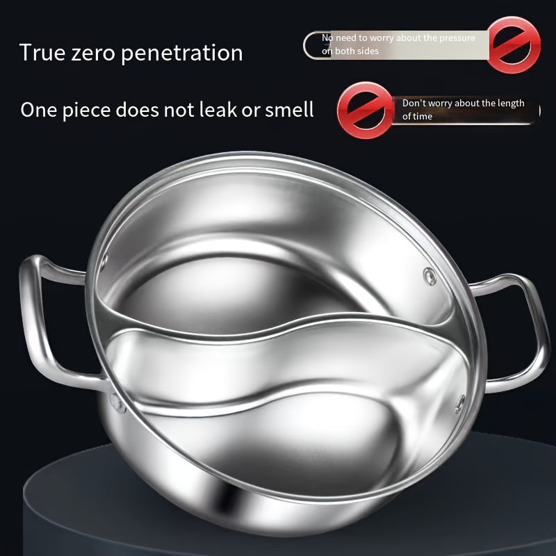 Mandarin Hot Pot with Two Flavors, Made from SUS 316 Antibacterial Stainless Steel, Features Thickened Seamless Construction, Unique Non-Tainting Soup Separation System, Suitable for Gas and Induction Stovetops.