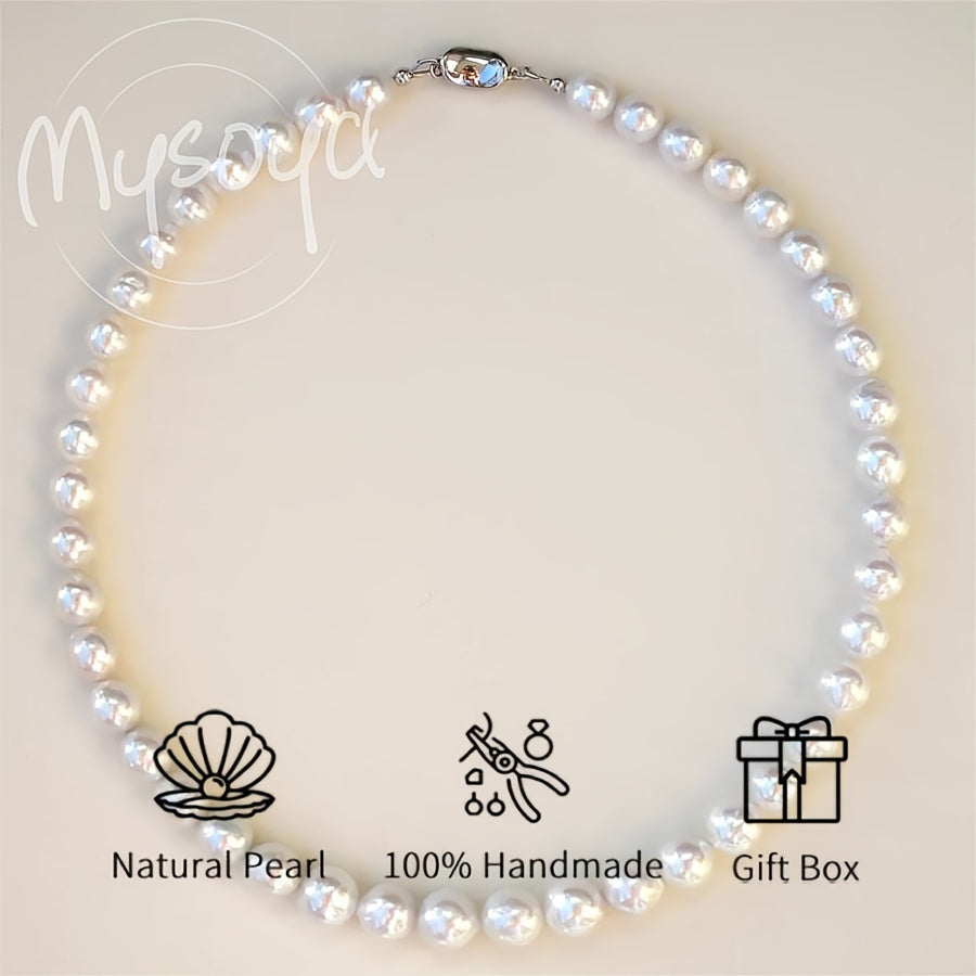 Artisan-made White Baroque Pearl Necklace - Exquisite 8-10mm Freshwater Pearls with Elegant Silver Clasp, Ideal Present for Any Event, Comes in a Luxurious Gift Box, Organic, Uneven Shape, Versatile Jewelry