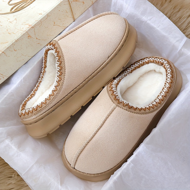 Warm and stylish beige flannel slippers for women with plush lining and striped cuff detail, suitable for indoor and outdoor wear.