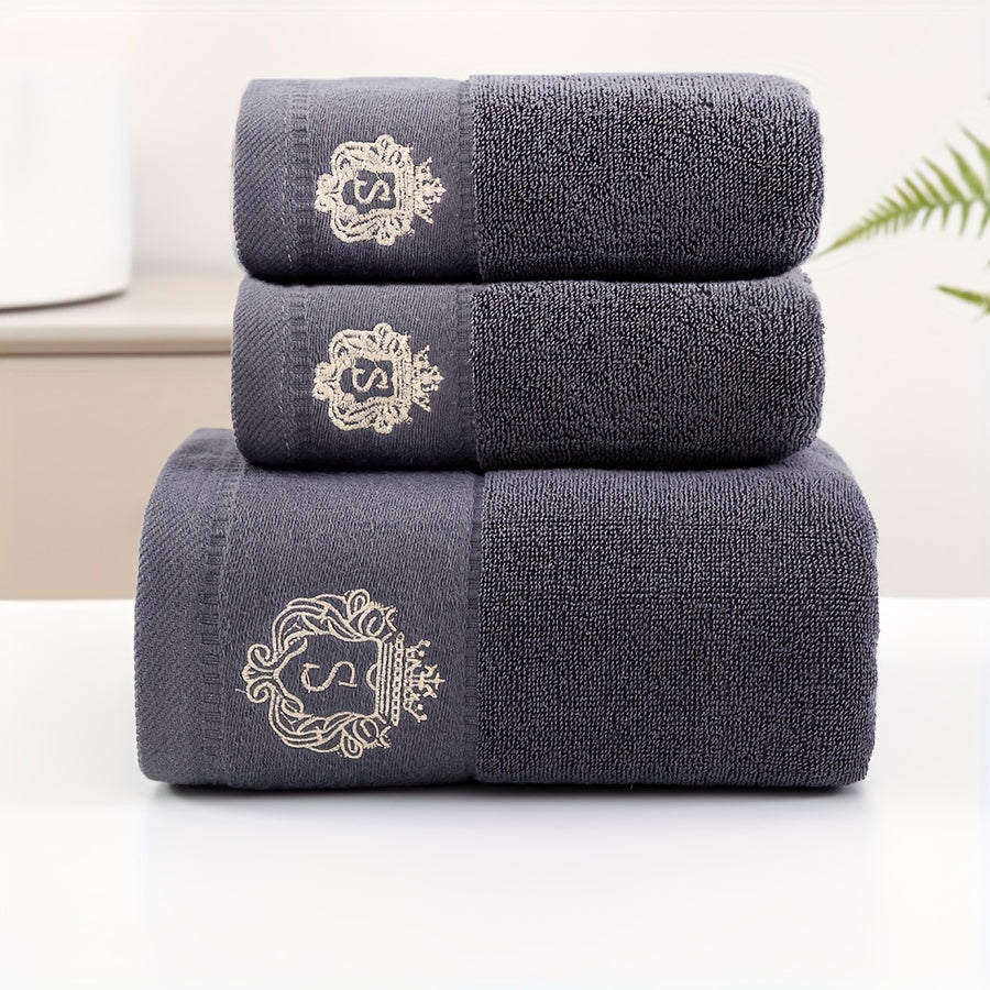 Modern, soft cotton towel set with embroidered character design and luxury crown motif. Highly absorbent, 450 GSM knit fabric. Perfect bathroom gift collection.