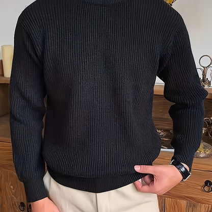 Men's black cotton-blend crew neck sweater with soft ribbed texture, perfect for fall/winter warmth in a casual attire.