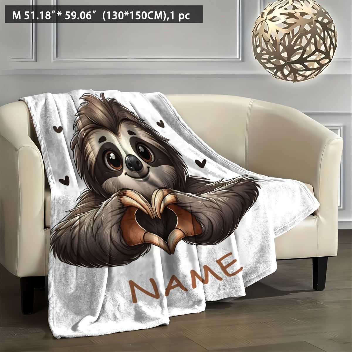 Personalized Sloth Heart Gesture Flannel Fleece Throw Blanket – Customizable Design for Home, Office, and Sofa – Skin-Friendly and Cozy Fabric – Quilted Blanket Suitable for All Seasons