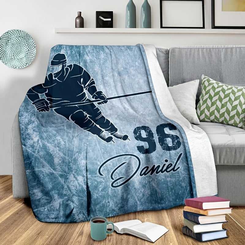 Personalize your own ice hockey player flannel blanket with custom name, lightweight and versatile for all-season use. Perfect for sofa, bed, travel, camping, living room, or office. Made of soft and warm polyester fabric with digital print design. Easy