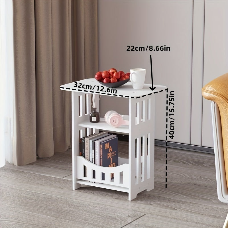 Compact plastic side table in European style with storage, ideal for use as a multifunctional end table in the bedroom or living room. Can also be used as a bedside snack and beverage table, mini coffee and magazine rack, or a space-saving coffee table.