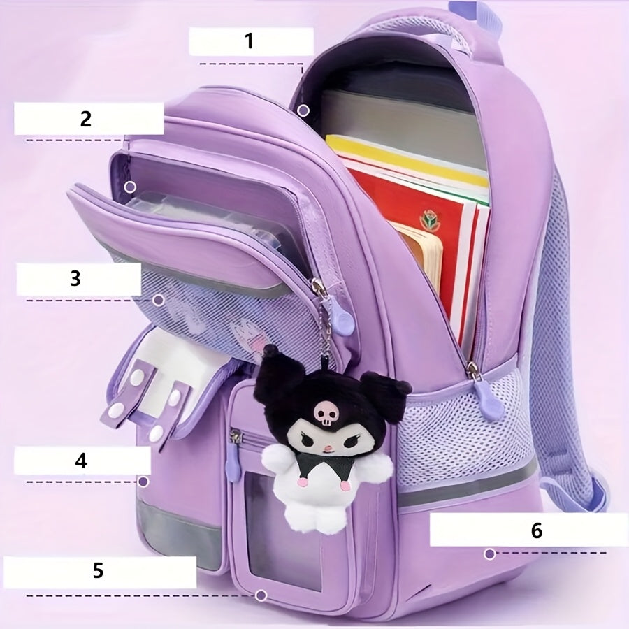 Kawaii Kuromi-themed school backpack with multiple pockets, lightweight design, shoulder straps, and compartments for organizing supplies and rewards.