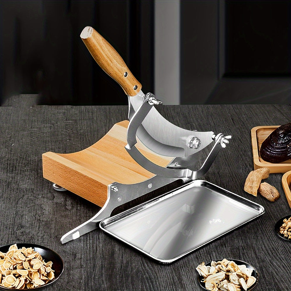 Adjustable Stainless Steel Chinese Medicine Slicer with Rubber Wooden Base and Sharpening Stick - Ideal for Precision Slicing of Herbs and Spices