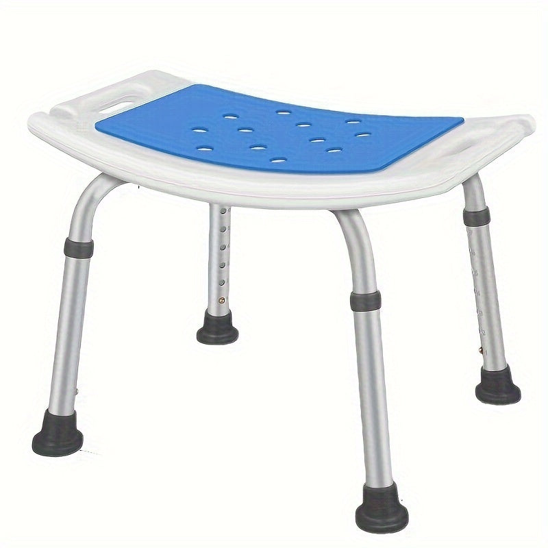 Adjustable shower chair for seniors/disabled with tool-free assembly and non-slip feet. Supports up to 158.76KG.