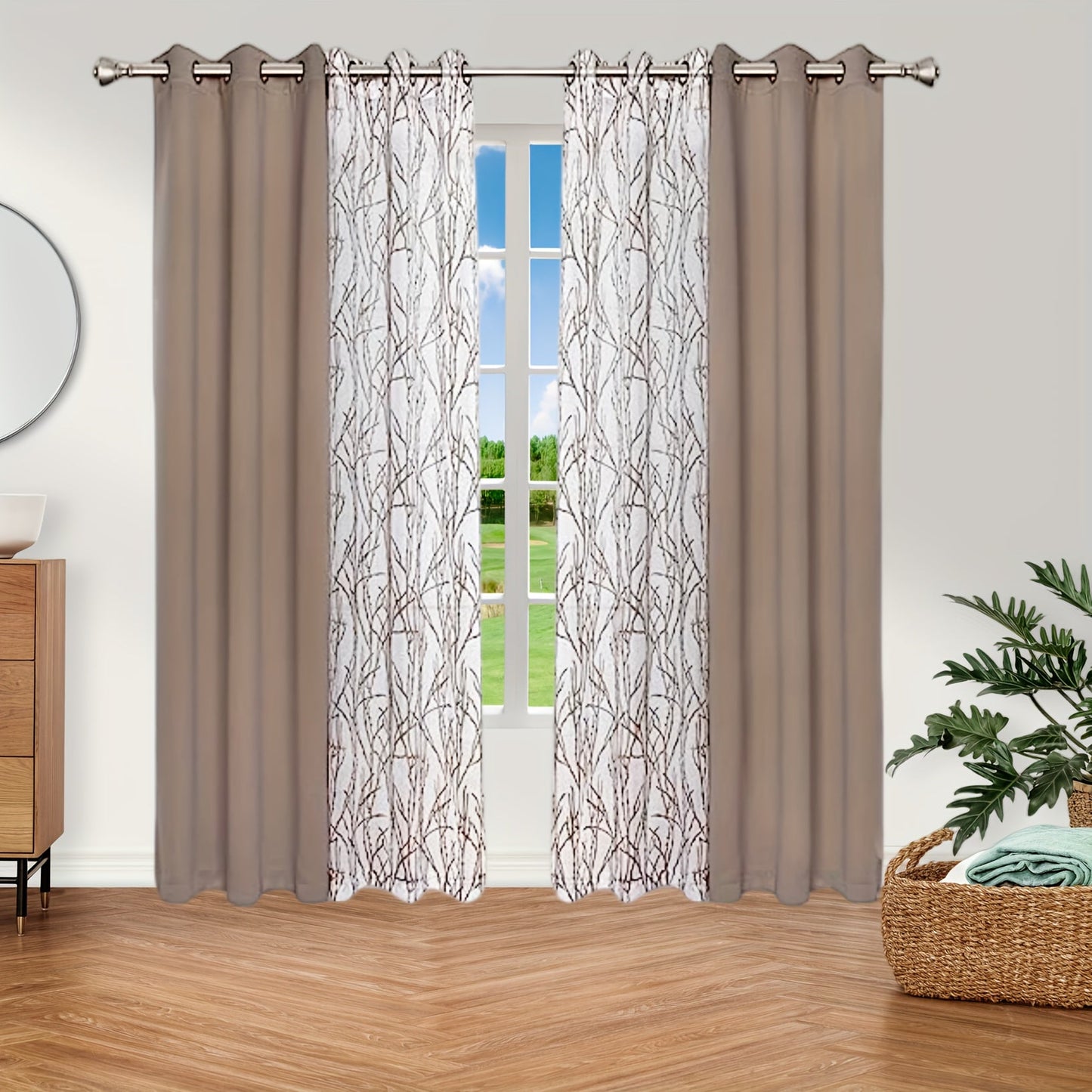 Pair of Curtains for Bedroom or Living Room - Includes 1 Sheer Branch Print Curtain and 1 Blackout Curtain, Grommet Style, 54x84 Inch Each, Dark Gray, Set of 2 Panels