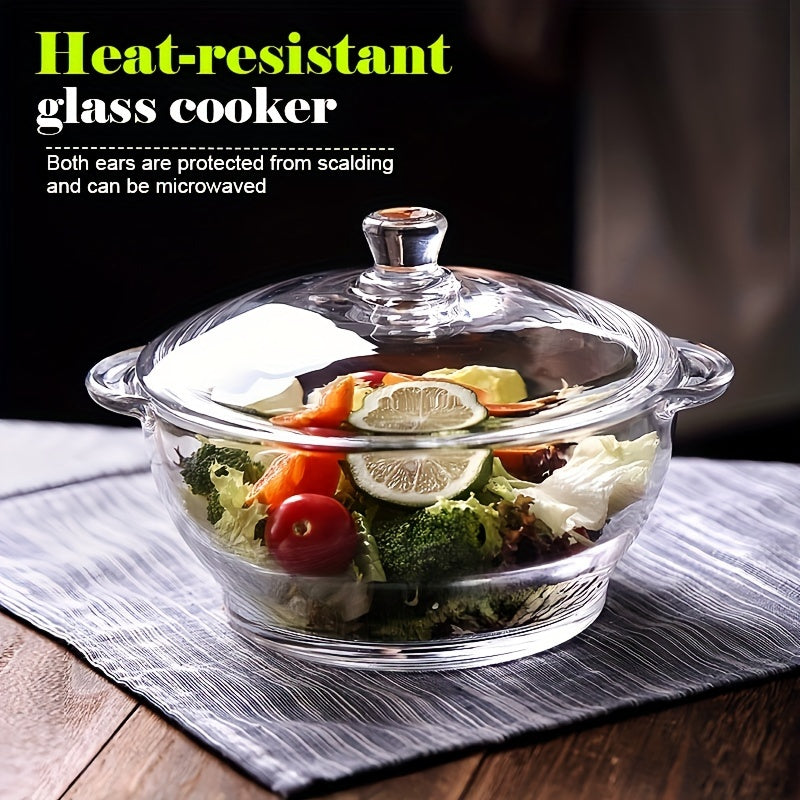 Heat-resistant clear glass casserole dish with lid, 1000ml/33.82oz capacity. Induction compatible and multipurpose kitchen cookware for soup, salad, and noodles. Pattern-free design.