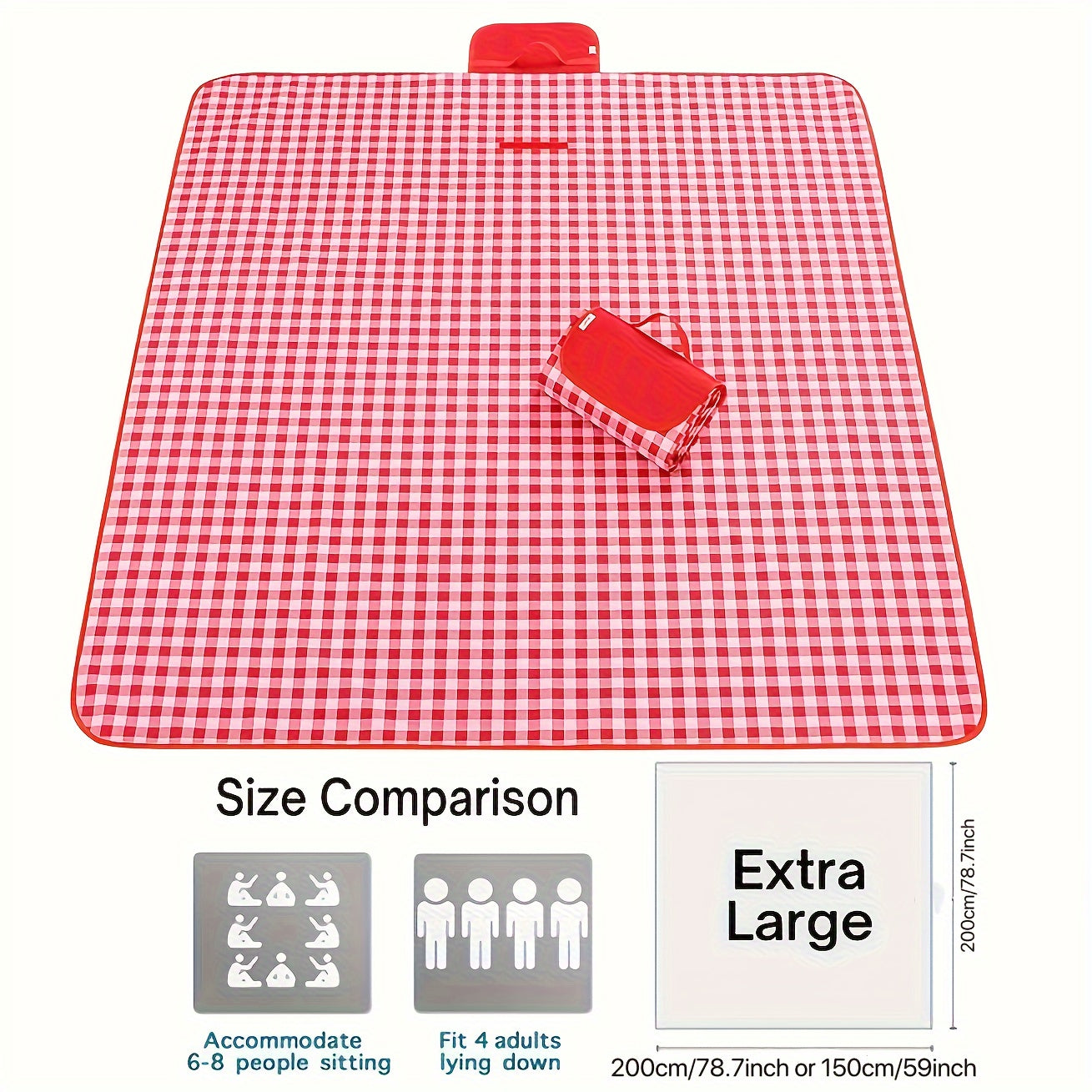 XL outdoor picnic blanket, sandproof, waterproof, checkered design, portable for men and women. Great for BBQ, park, and lawn activities. Size: 198.12cm x 149.86cm (78" x 78").