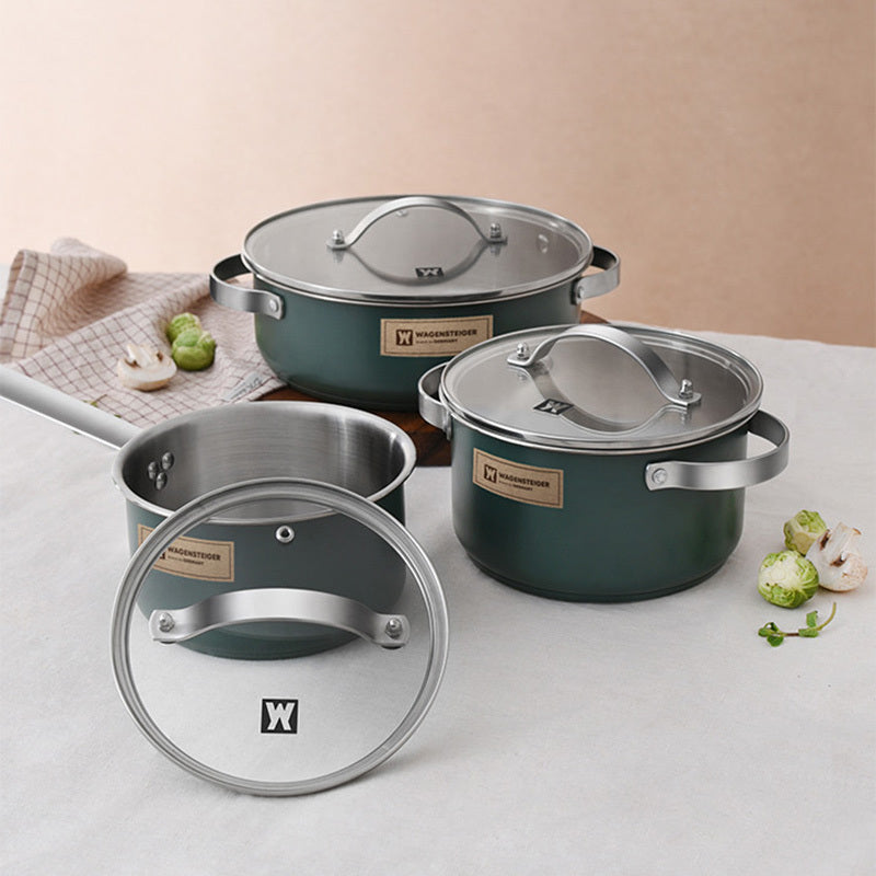 Set of 3 WAGENSTEIGER Stainless Steel Cookware featuring Ceramic Finish - includes Saucepan, Hot Pot, and Soup Pot with Thickened Composite Base. Suitable for use on Induction & Electric Stoves, adding an Elegant Touch to your Kitchen Decor.