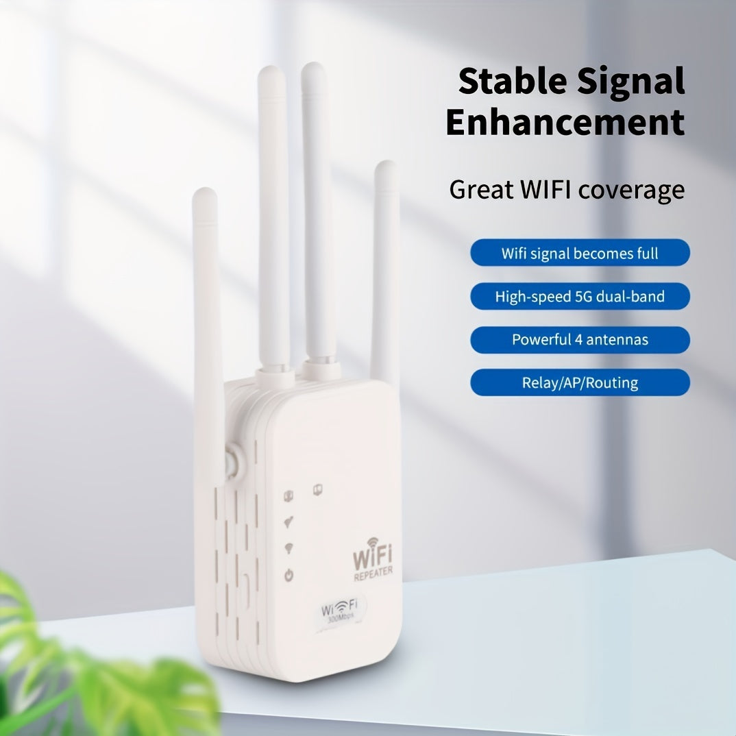 Boost your signal to 300Mbps on both 2.4GHz and 5GHz bands with our WiFi extender. Covering up to 8500 square feet, support for 35 devices, easy setup with 4 modes, and strong signal