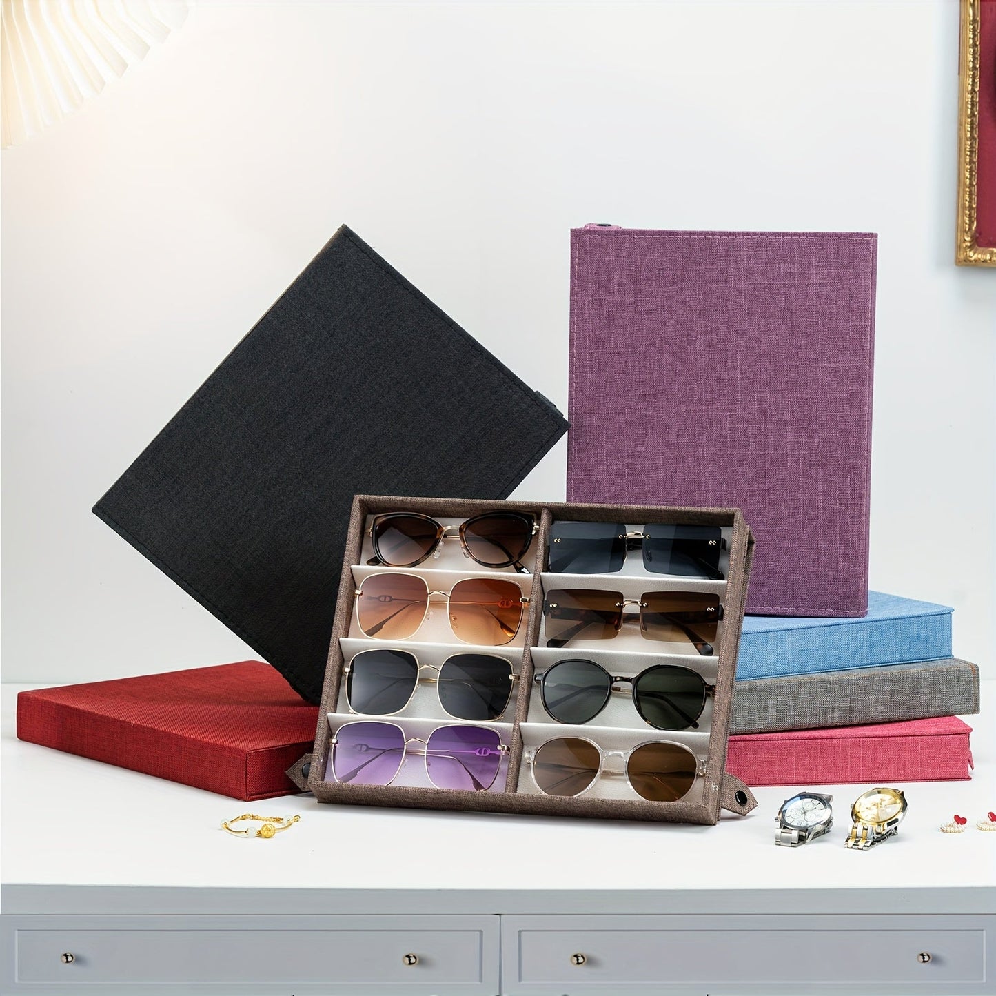 Stylish and sleek 8-Compartment Organizer for Glasses, Jewelry & Watches - Convenient Double Row Storage Box with Knit Design