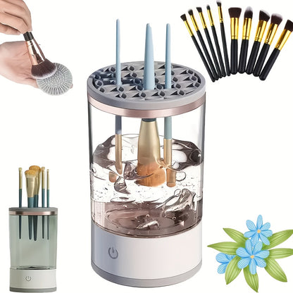 Electric makeup brush cleaner and dryer machine with USB power and universal silicone cap for all brushes, providing fast cleaning and drying for home use.