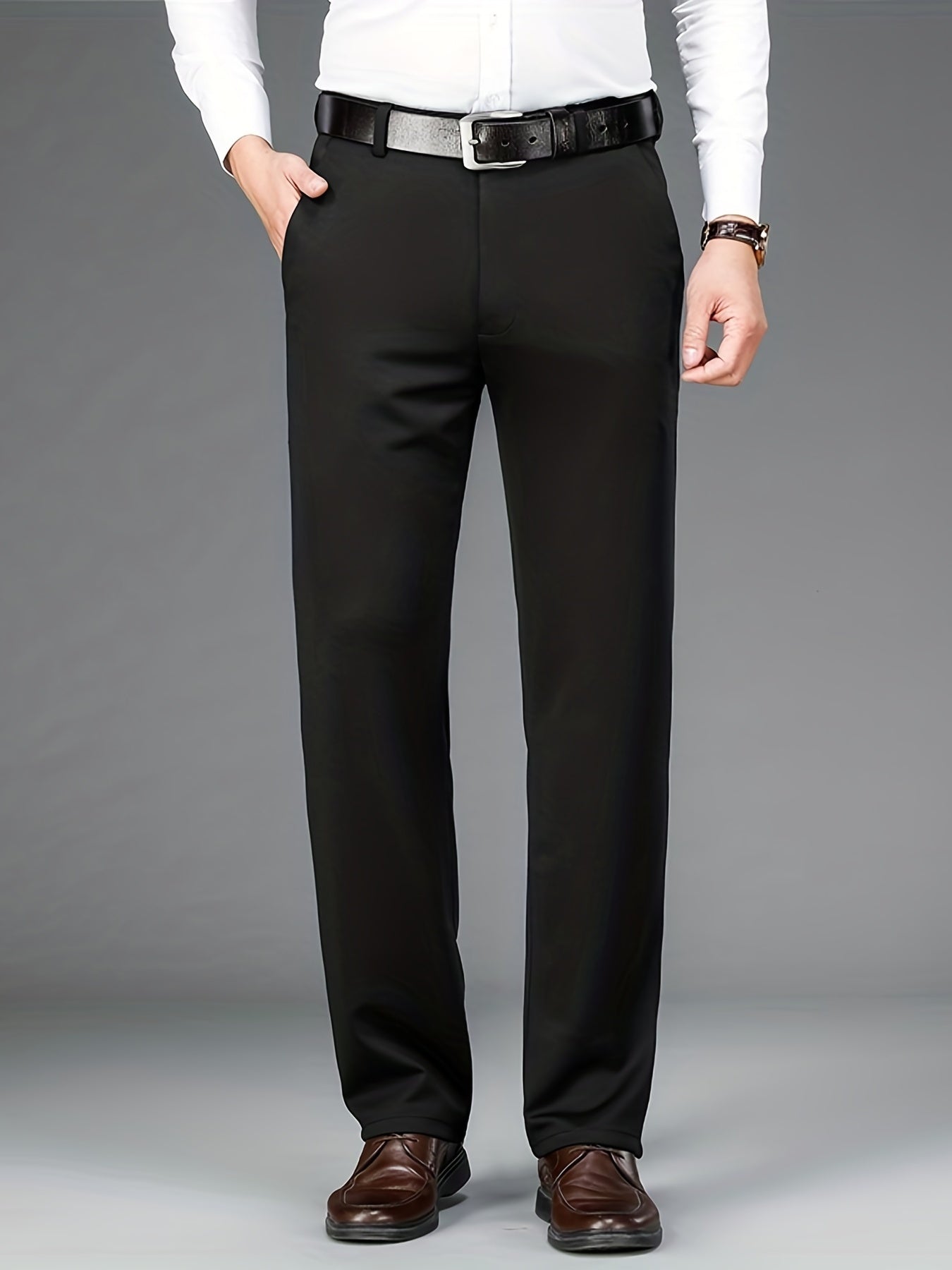 Men's classic design formal dress pants for spring/summer business in solid colors with slight stretch, featuring an old money style.