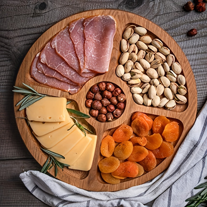 Single wooden cheese board with five grids dividers for serving various foods and snacks, perfect for household and kitchen decoration or for candy wedding storage.