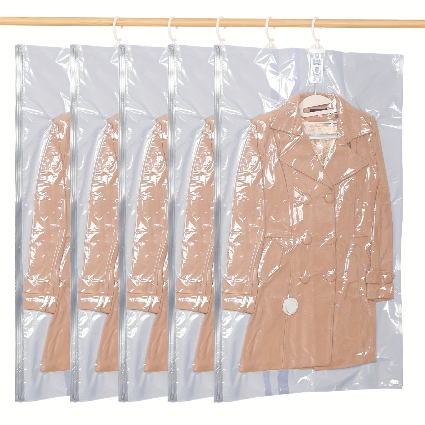 Save space in your wardrobe with this 5-Pack of Hanging Vacuum Storage Bags. These multipurpose rectangle plastic garment bags feature zipper closure and are perfect for storing winter coats, suits, jackets, and down jackets. Keep your clothes organized