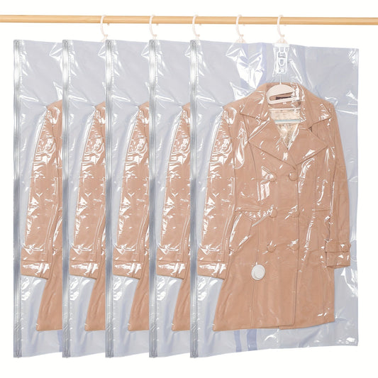 Save space in your wardrobe with this 5-Pack of Hanging Vacuum Storage Bags. These multipurpose rectangle plastic garment bags feature zipper closure and are perfect for storing winter coats, suits, jackets, and down jackets. Keep your clothes organized