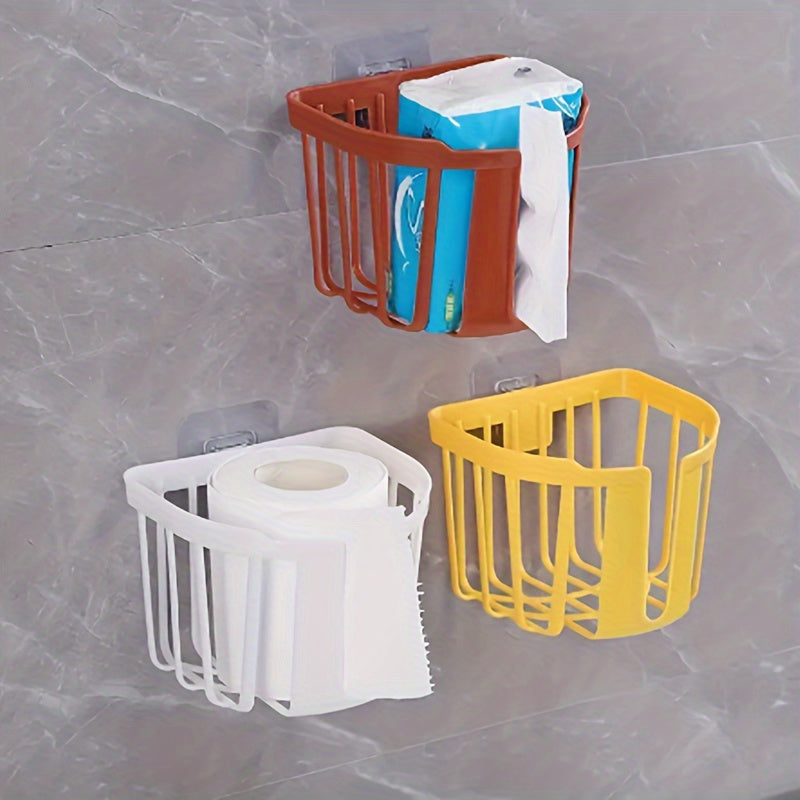 Wall-mounted toilet paper holder with punch-free installation, storing toilet tissue and roll paper for a stylish bathroom.