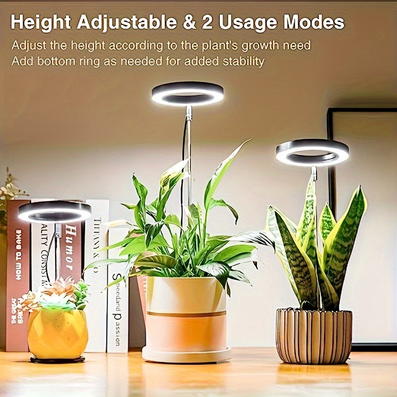 Adjustable LED plant growth lights with full spectrum, timer, and height options for indoor plants. Powered by USB for sowing and succulents.