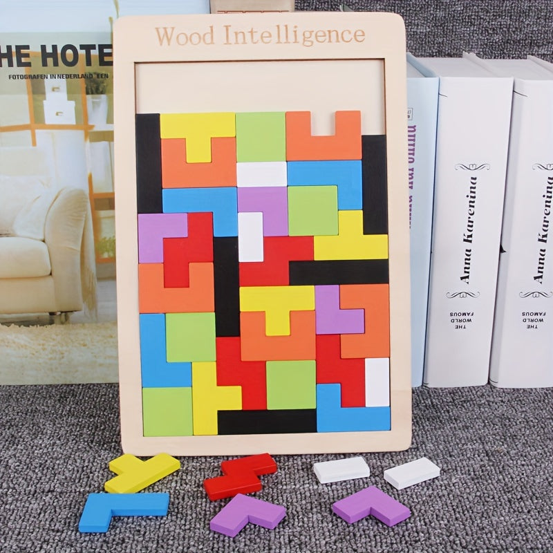 Colorful wooden 3D puzzle blocks for youngsters to enhance creativity and intelligence. STEM learning activity for cognitive development with multi-colored shapes on light brown wooden