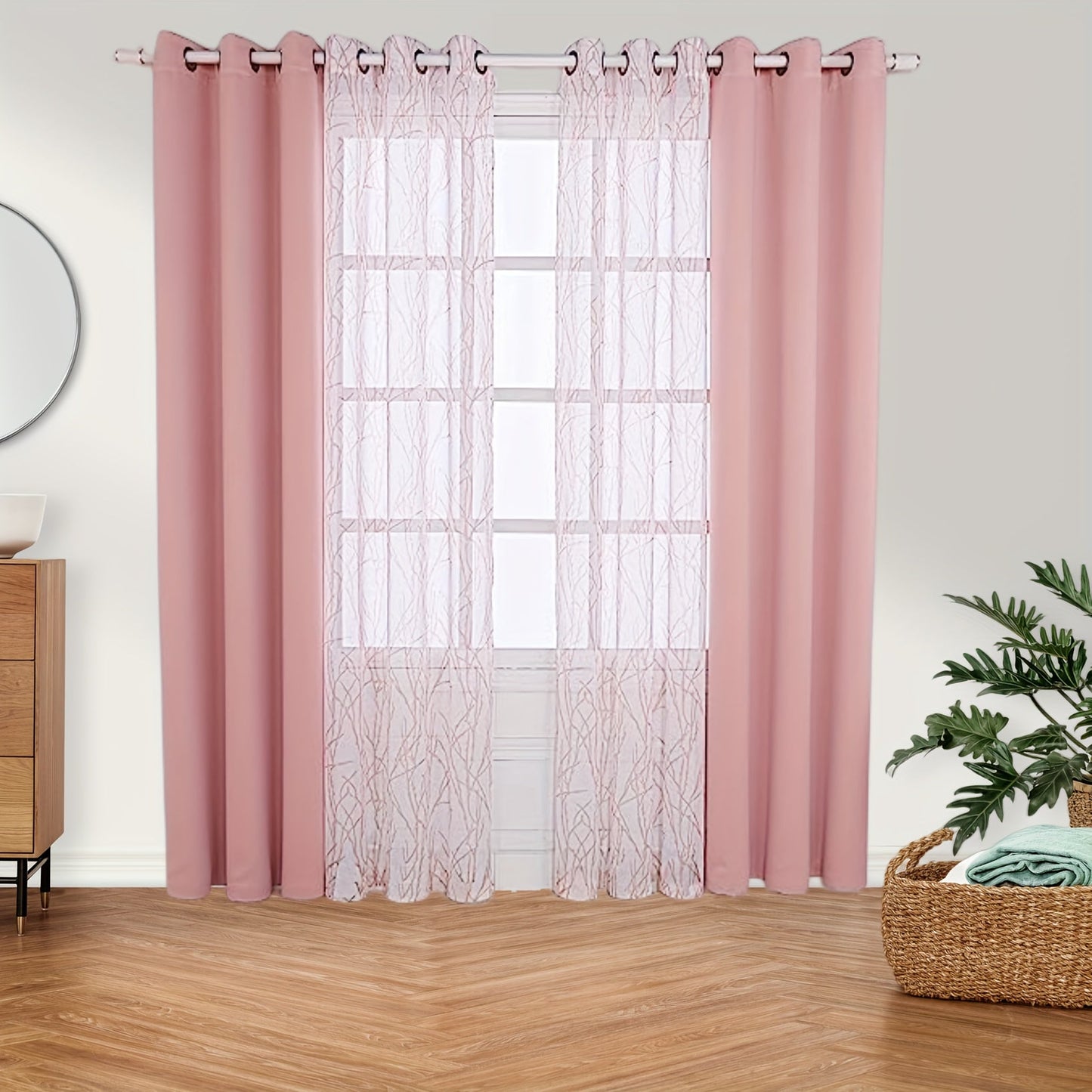 Pair of Curtains for Bedroom or Living Room - Includes 1 Sheer Branch Print Curtain and 1 Blackout Curtain, Grommet Style, 54x84 Inch Each, Dark Gray, Set of 2 Panels