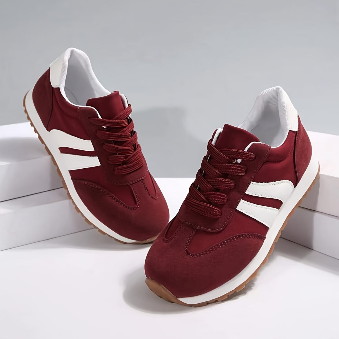 Women's wine red sneakers with soft soles, non-slip, lace-up, and round toes - perfect for students.