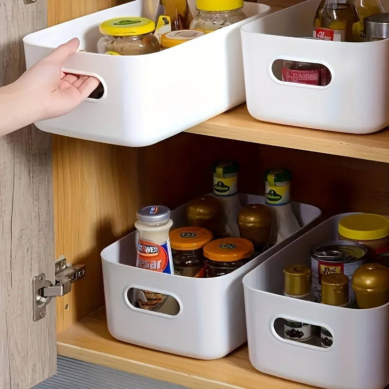 3-piece plastic storage basket set for cosmetics, kitchen, and bathroom essentials to organize home clutter efficiently.